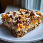 A close-up of a single serving of rich magic cookie bars topped with chocolate chips and shredded coconut.