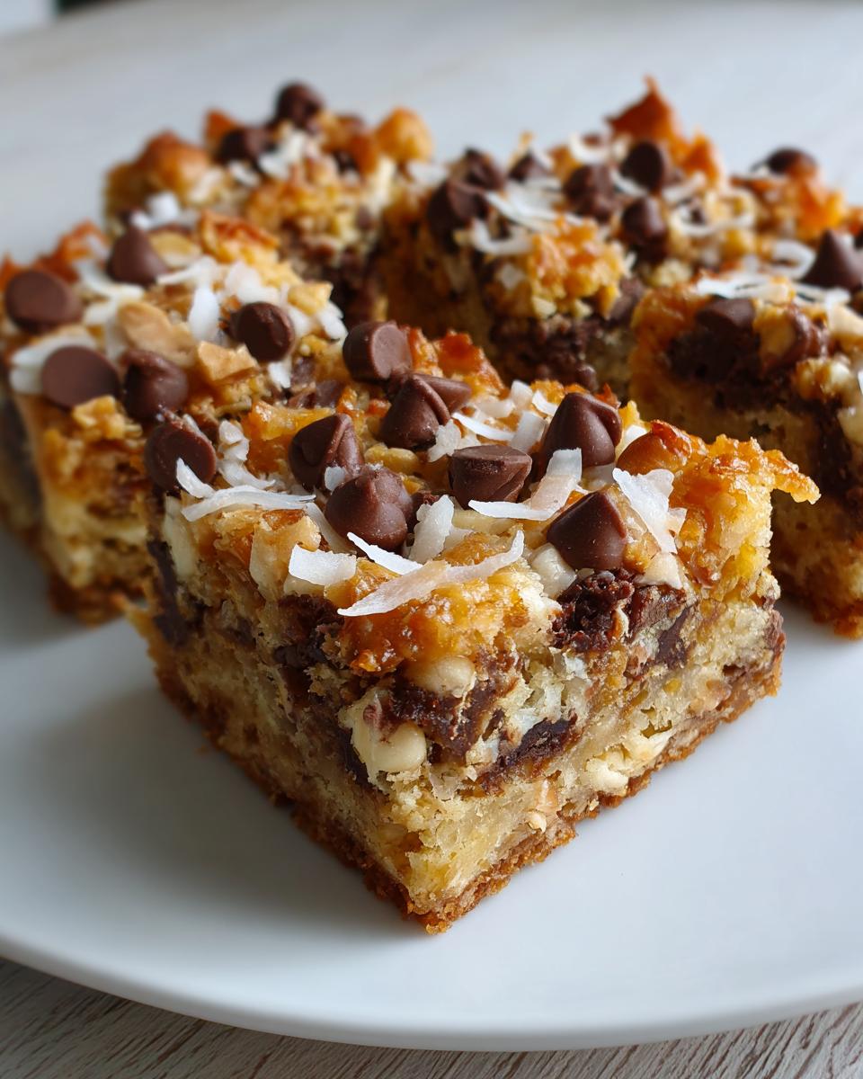 Close-up of several squares of magic cookie bars topped with chocolate chips and coconut flakes on a white plate.