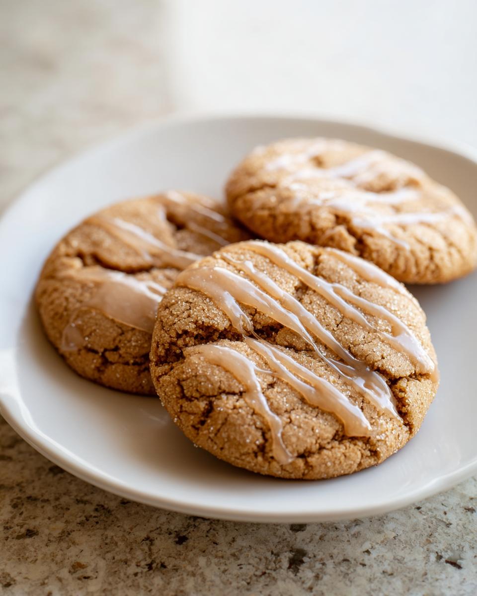 Three soft maple brown sugar cookies on a white plate, drizzled with a light brown glaze.