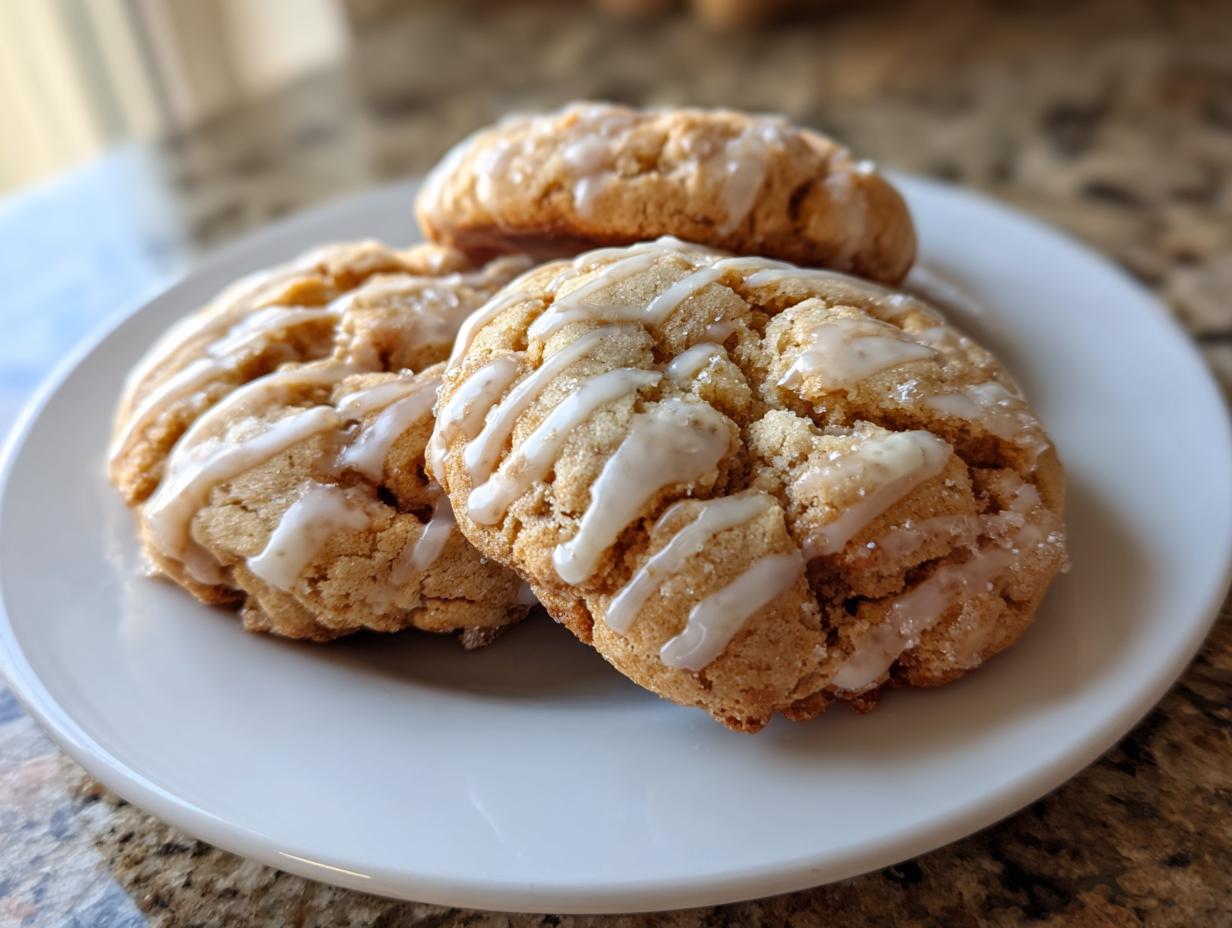 Three soft maple brown sugar cookies drizzled with white glaze, resting on a white plate.