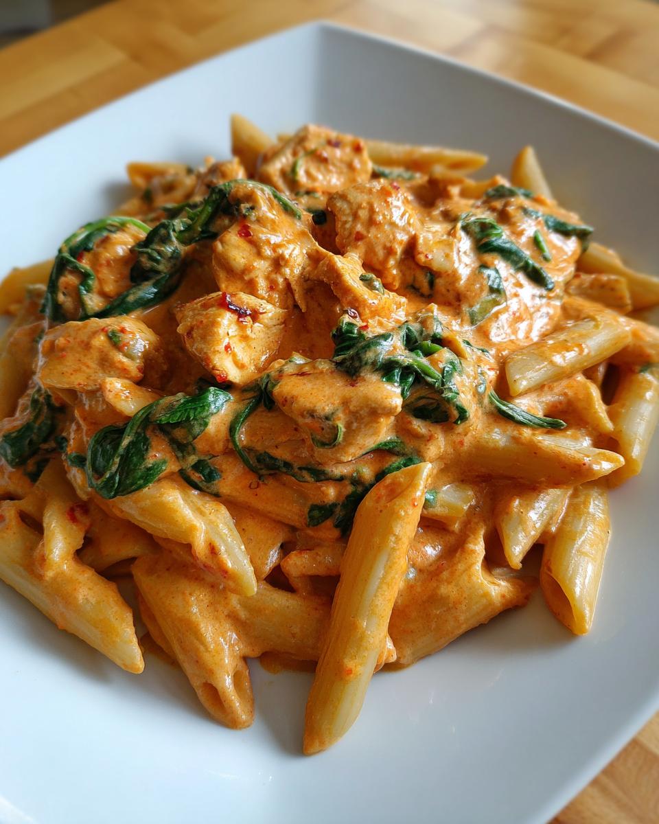 Close-up of creamy, orange-hued marry me chicken pasta with penne and wilted spinach on a white plate.