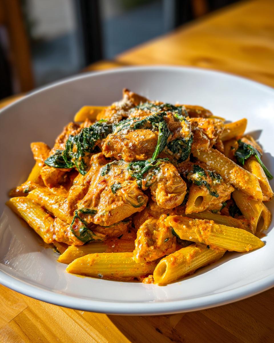 Close-up of creamy marry me chicken pasta featuring penne, chicken pieces, and wilted spinach, topped with grated cheese.