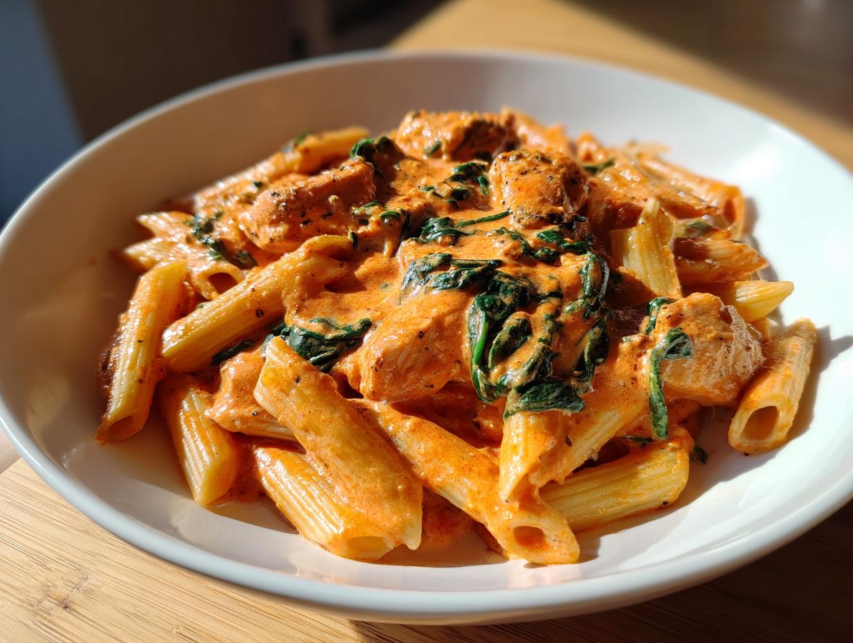 Close-up of creamy Marry Me Chicken Pasta featuring penne, chicken chunks, and wilted spinach in a white bowl.