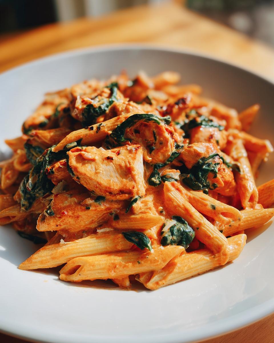 A close-up shot of creamy Marry Me Chicken Pasta featuring penne, chicken pieces, and wilted spinach in a white bowl.