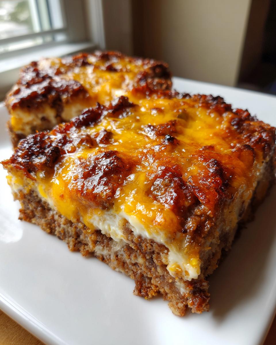 Two slices of baked meatloaf casserole with a creamy layer and melted cheddar cheese topping.