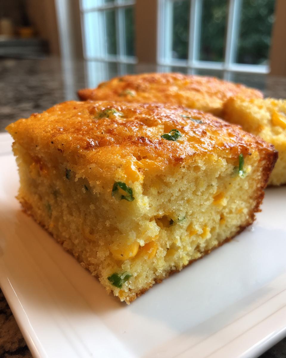 Close-up of a moist slice of mexican cornbread, showing yellow corn kernels and green peppers baked inside.