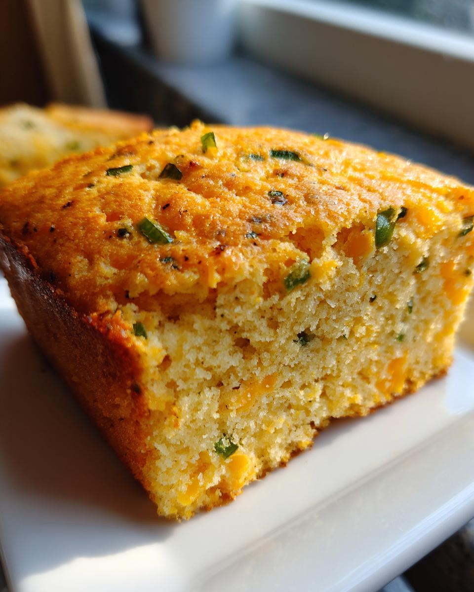 A close-up, sunlit view of a moist slice of Mexican cornbread, showing yellow crumb with visible cheese and green jalapeño pieces.