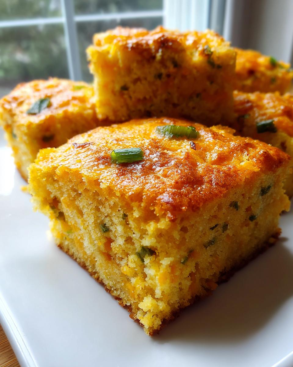 Close-up of golden, moist slices of mexican cornbread topped with green onions.