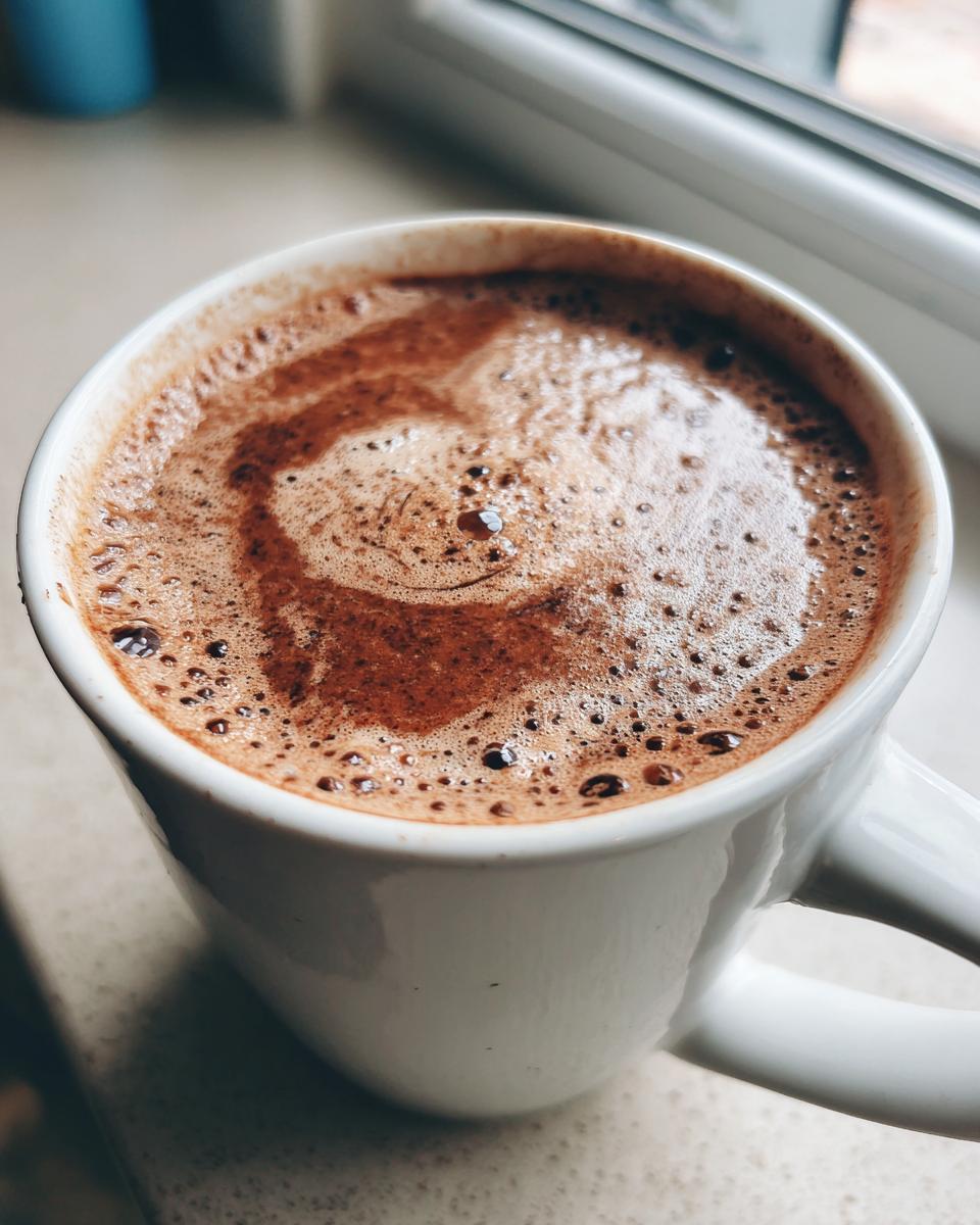 Close-up of a white mug filled with rich, foamy Mexican hot chocolate.