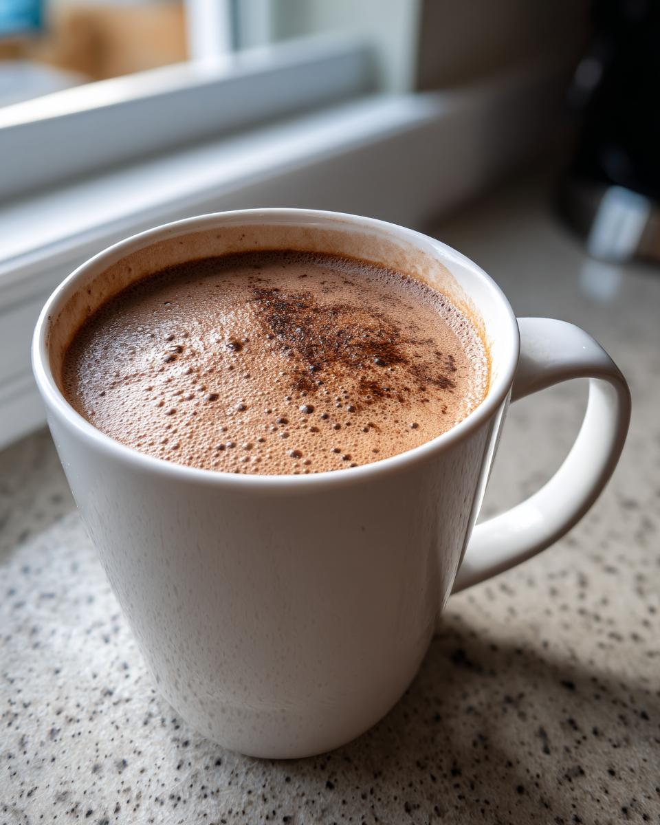 Close-up of a white mug filled with frothy, rich Mexican hot chocolate, set near a window.