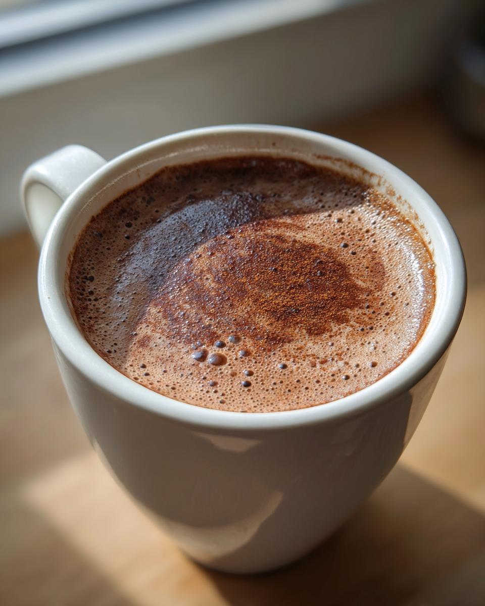 Close-up of rich, foamy mexican hot chocolate in a white ceramic mug.