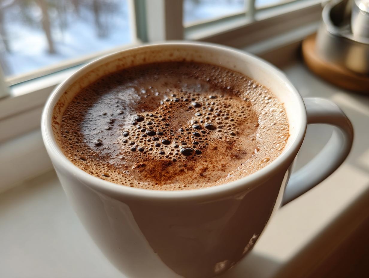 Close-up of a frothy, steaming cup of authentic mexican hot chocolate in a white mug by a window.