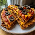 Close-up of two stacked slices of homemade mexican pizza topped with melted cheese, sauce, and black olives.