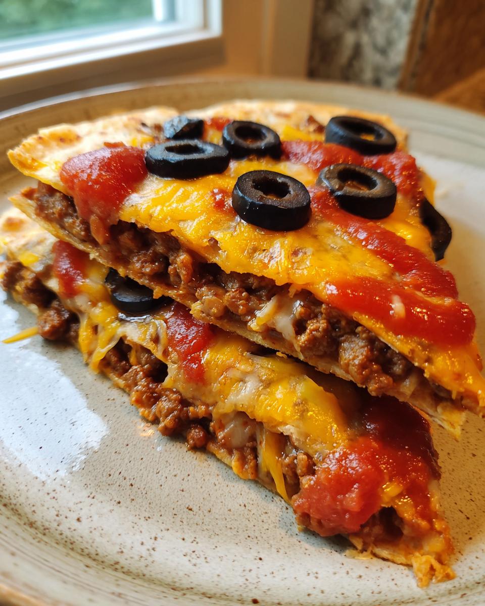 Two stacked slices of homemade mexican pizza featuring seasoned ground beef, melted cheese, salsa, and black olives.