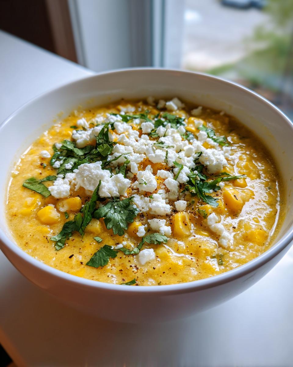 A close-up of a bowl of creamy Mexican street corn soup topped with crumbled cotija cheese and fresh cilantro.