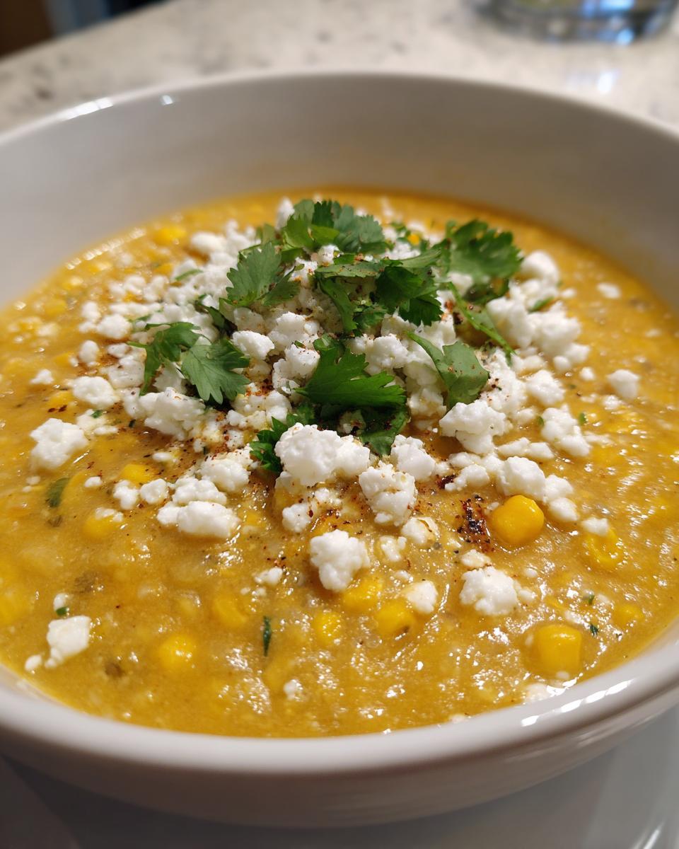 A close-up view of a bowl of creamy Mexican street corn soup topped with cotija cheese and fresh cilantro.