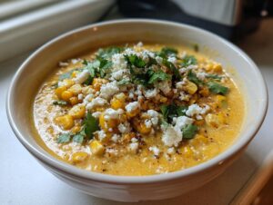 A close-up of creamy Mexican street corn soup topped with cotija cheese, cilantro, and chili powder.