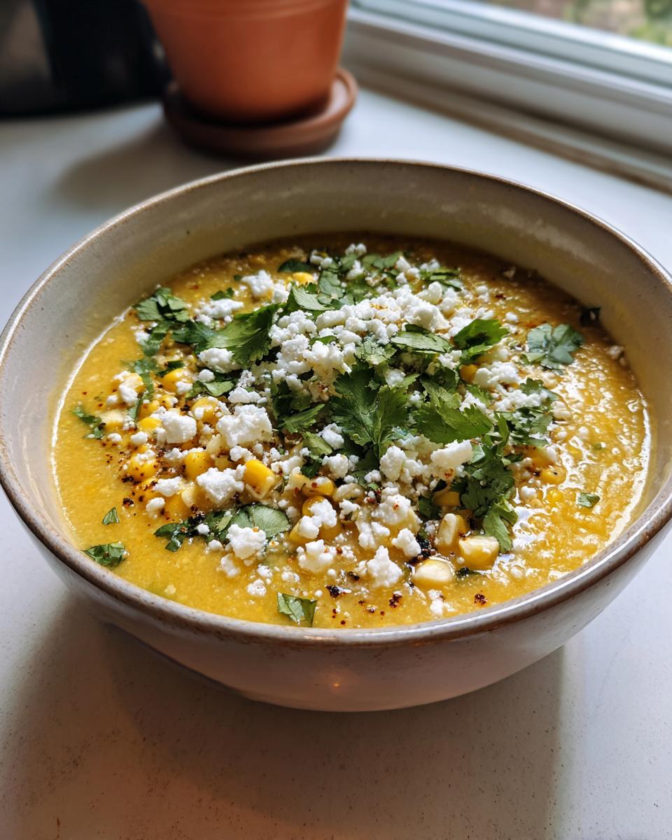 A close-up of a vibrant yellow Mexican street corn soup topped generously with crumbled cotija cheese, cilantro, and whole corn kernels.