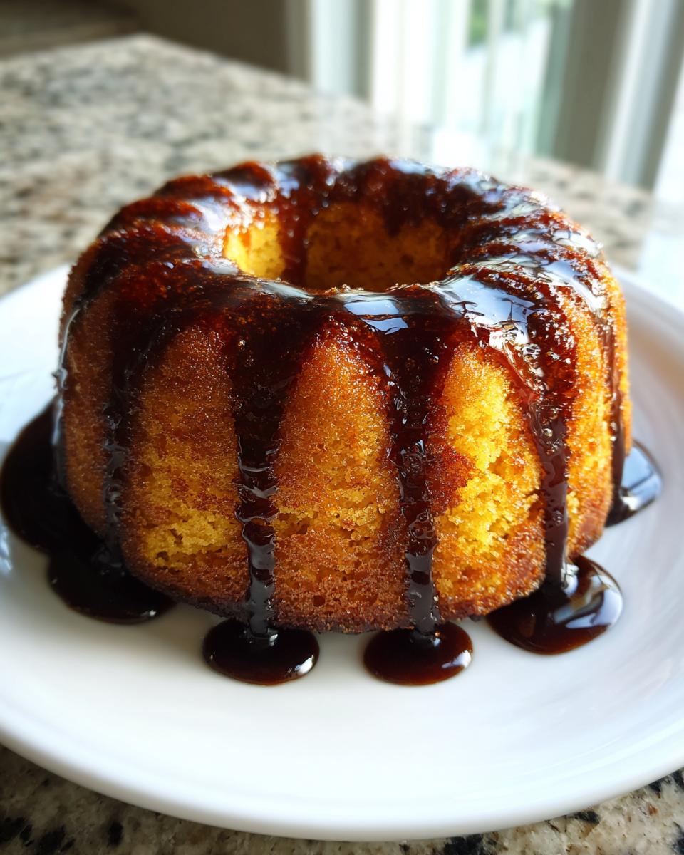 A small, golden-brown bundt style Bacardi Rum Cake drizzled heavily with a dark, shiny rum glaze.