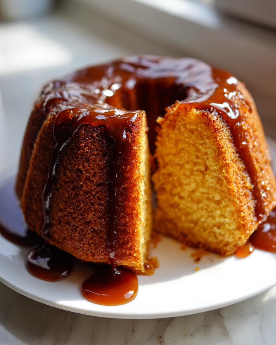 A moist, golden Bacardi rum cake in a bundt shape, sliced open and generously drizzled with a dark caramel glaze.