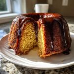 Close-up of a sliced Bacardi rum cake drizzled generously with a dark rum glaze on a white plate.