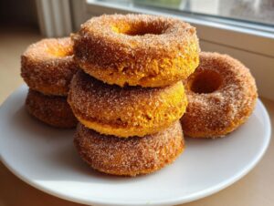 A stack of four moist baked pumpkin donuts coated generously in cinnamon sugar, sitting on a white plate.