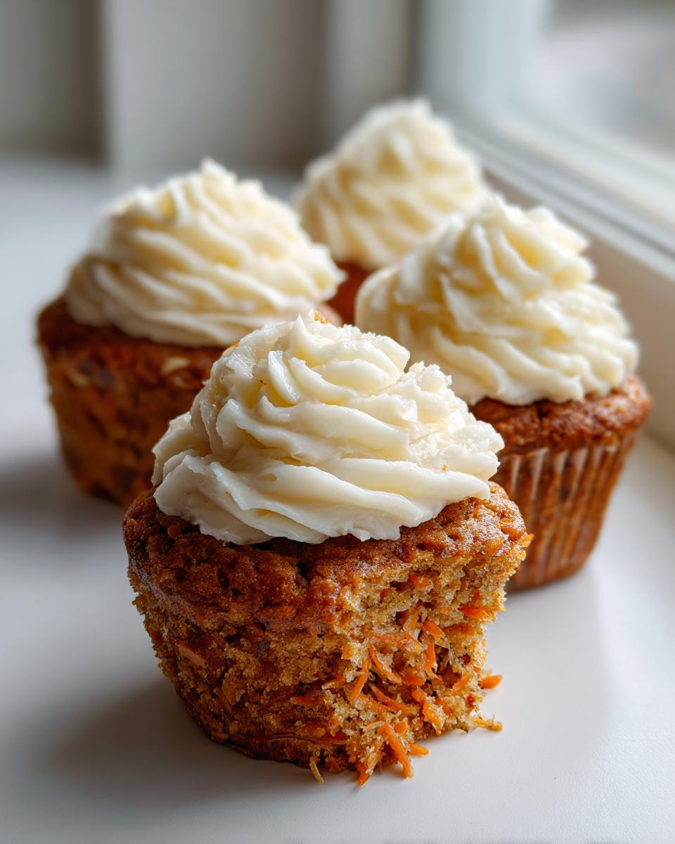 Close-up of a moist carrot cake muffin with a bite taken out, showing shredded carrots, topped with cream cheese frosting.