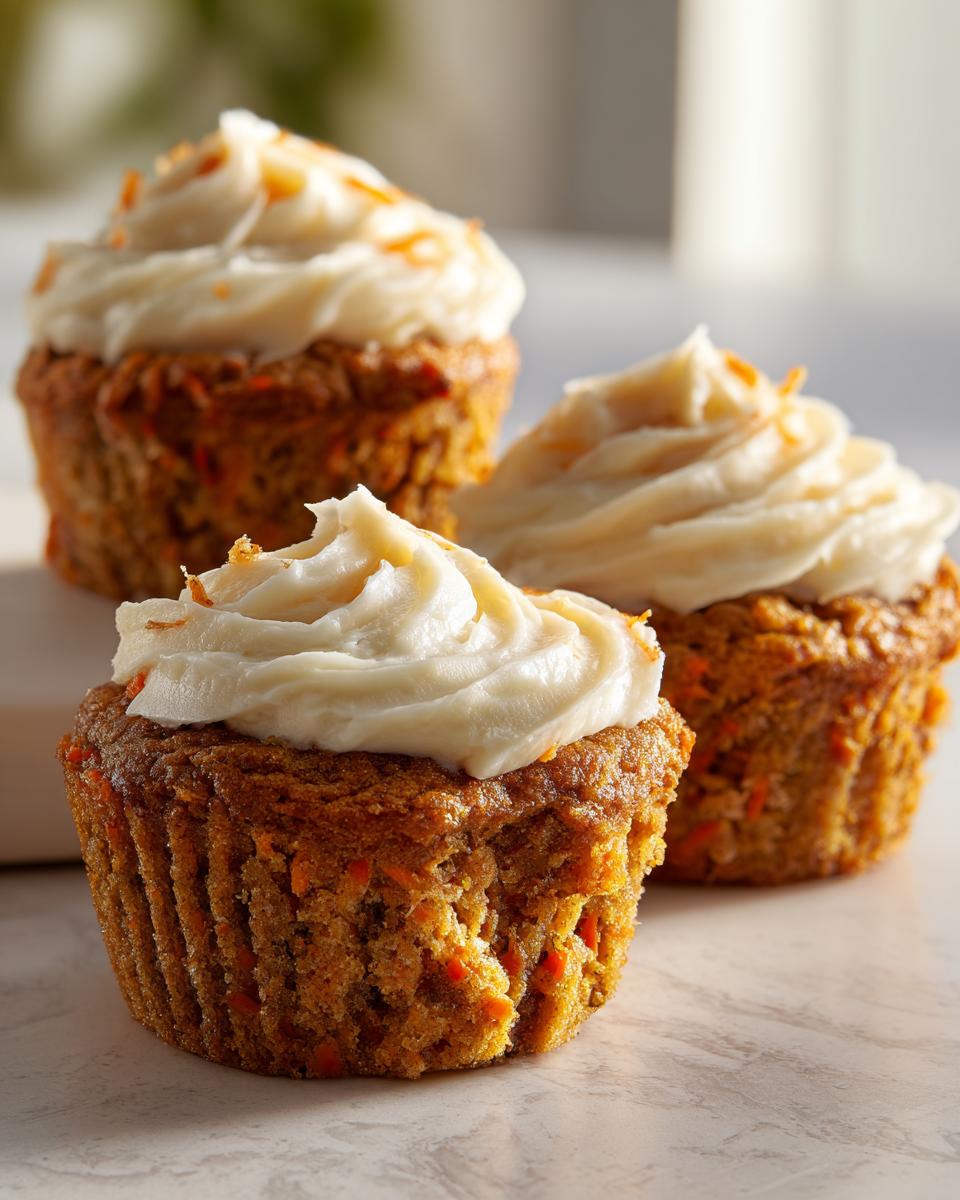 Three delicious carrot cake muffins topped with thick cream cheese frosting, showcasing visible shredded carrots.