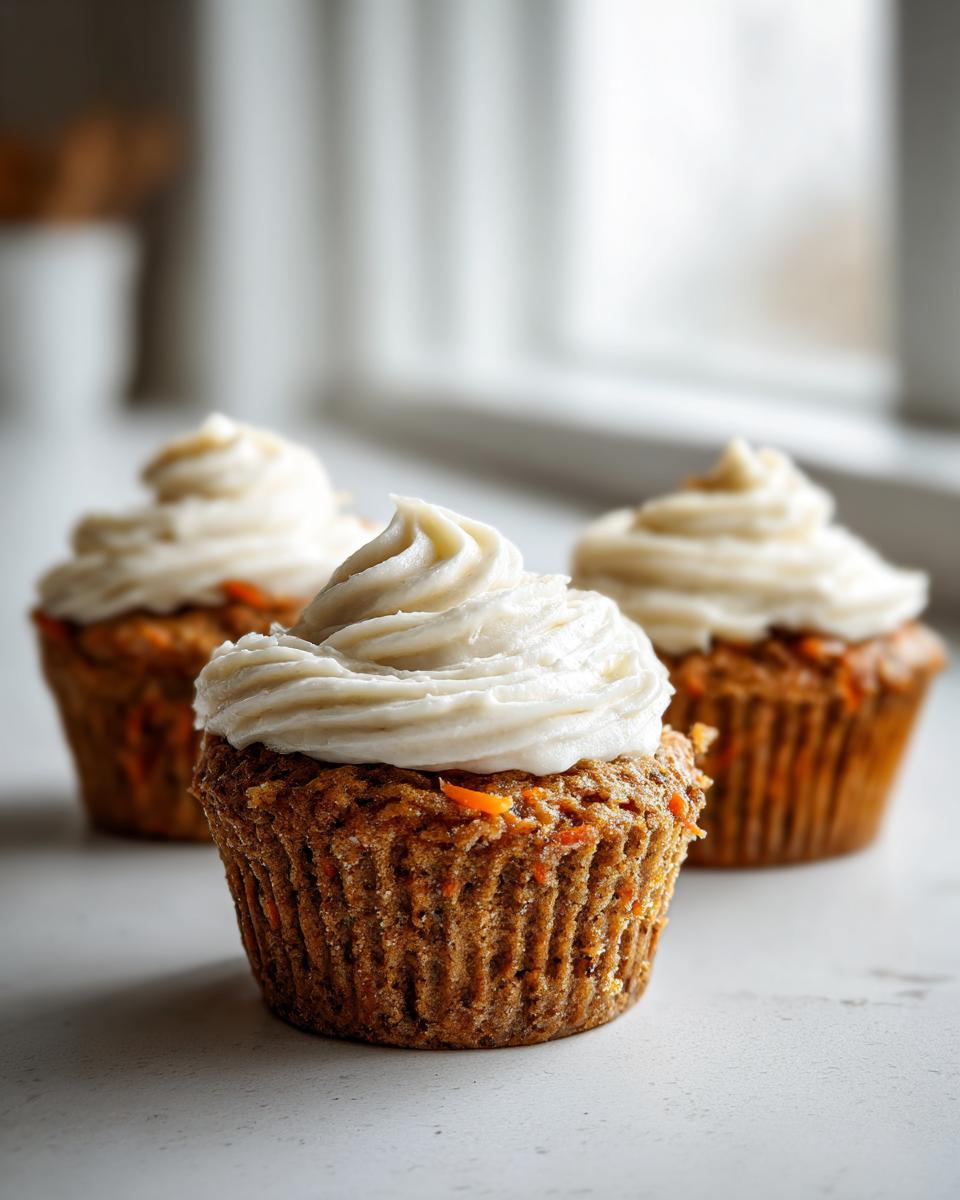 Three moist carrot cake muffins topped with swirls of cream cheese frosting, photographed up close.