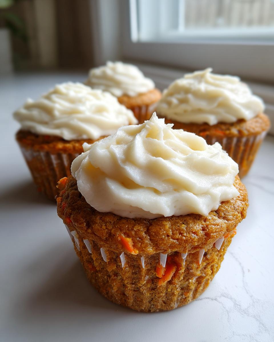 Close-up of a moist carrot cake muffin topped with thick swirls of cream cheese frosting.