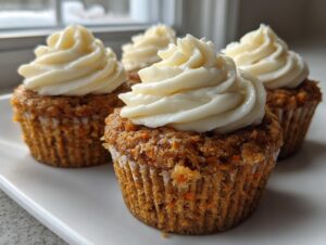 Four moist carrot cake muffins topped with swirls of thick cream cheese frosting, sitting on a white plate.