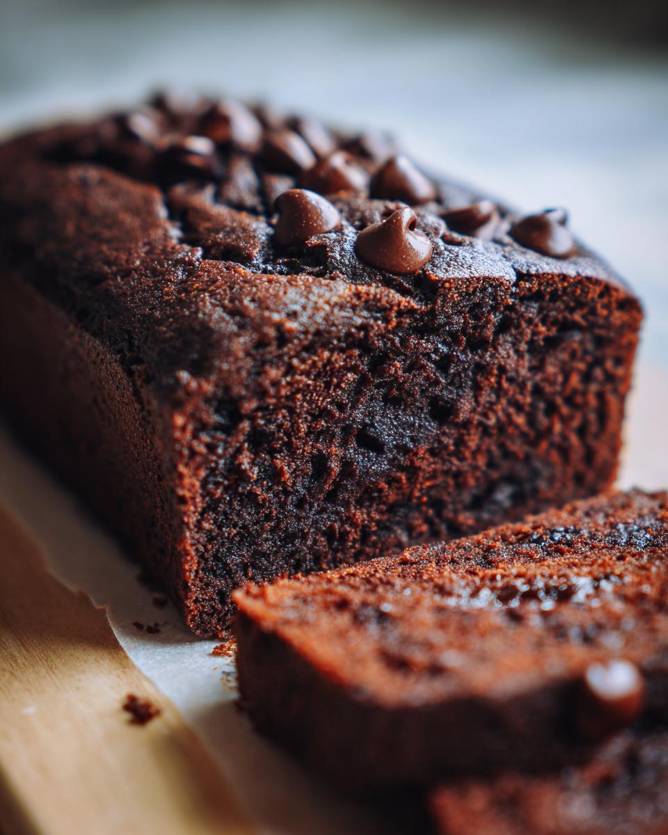 Close-up of a moist chocolate banana bread loaf topped with melted chocolate chips, with one slice cut.