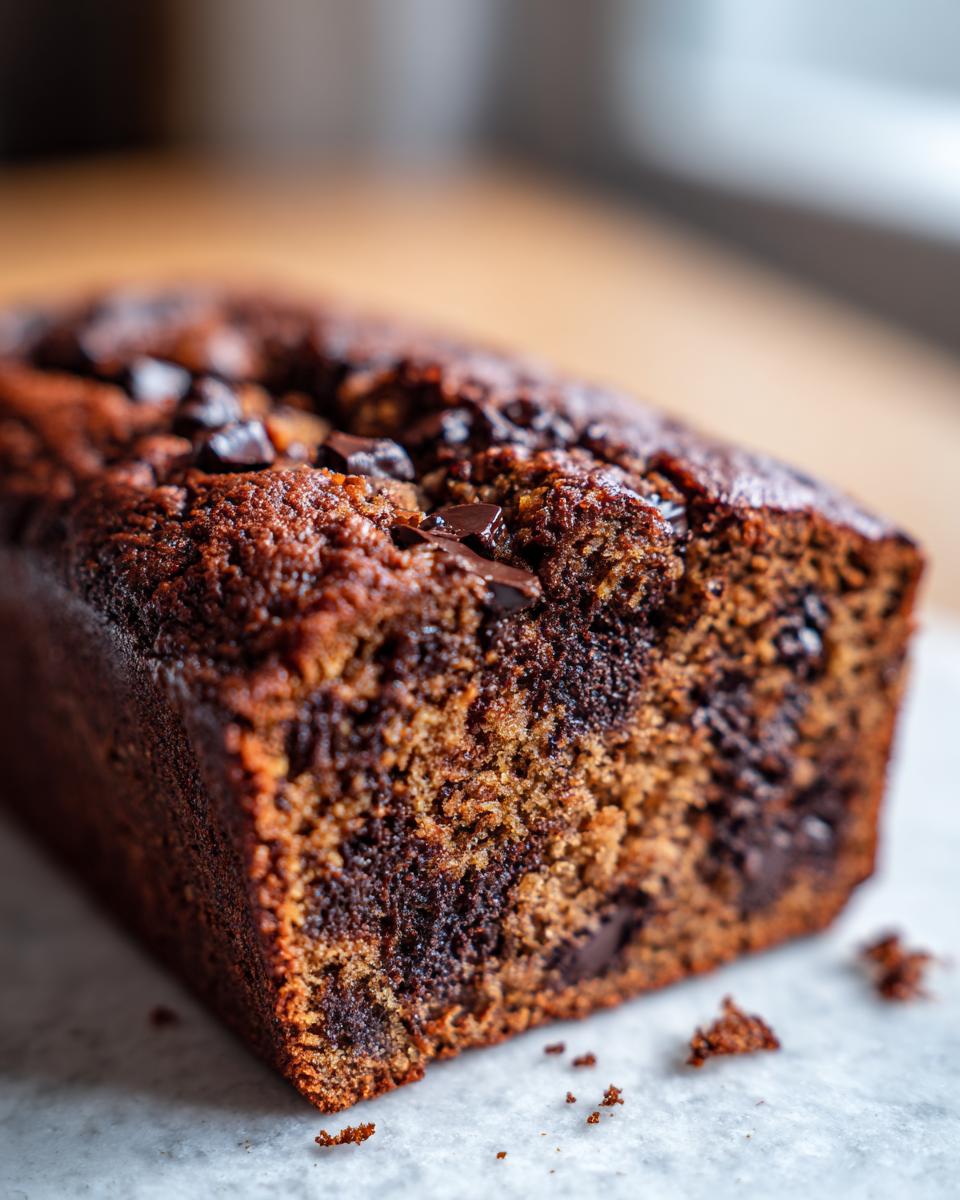 Close-up of a moist chocolate banana bread loaf, studded with melted chocolate chips on top.