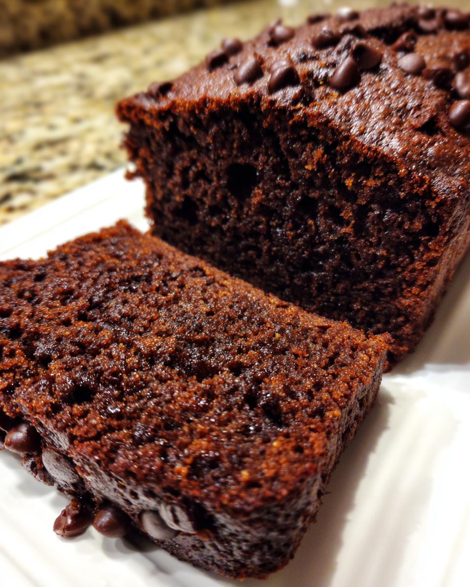 Close-up of a moist slice of dark chocolate banana bread topped with chocolate chips.