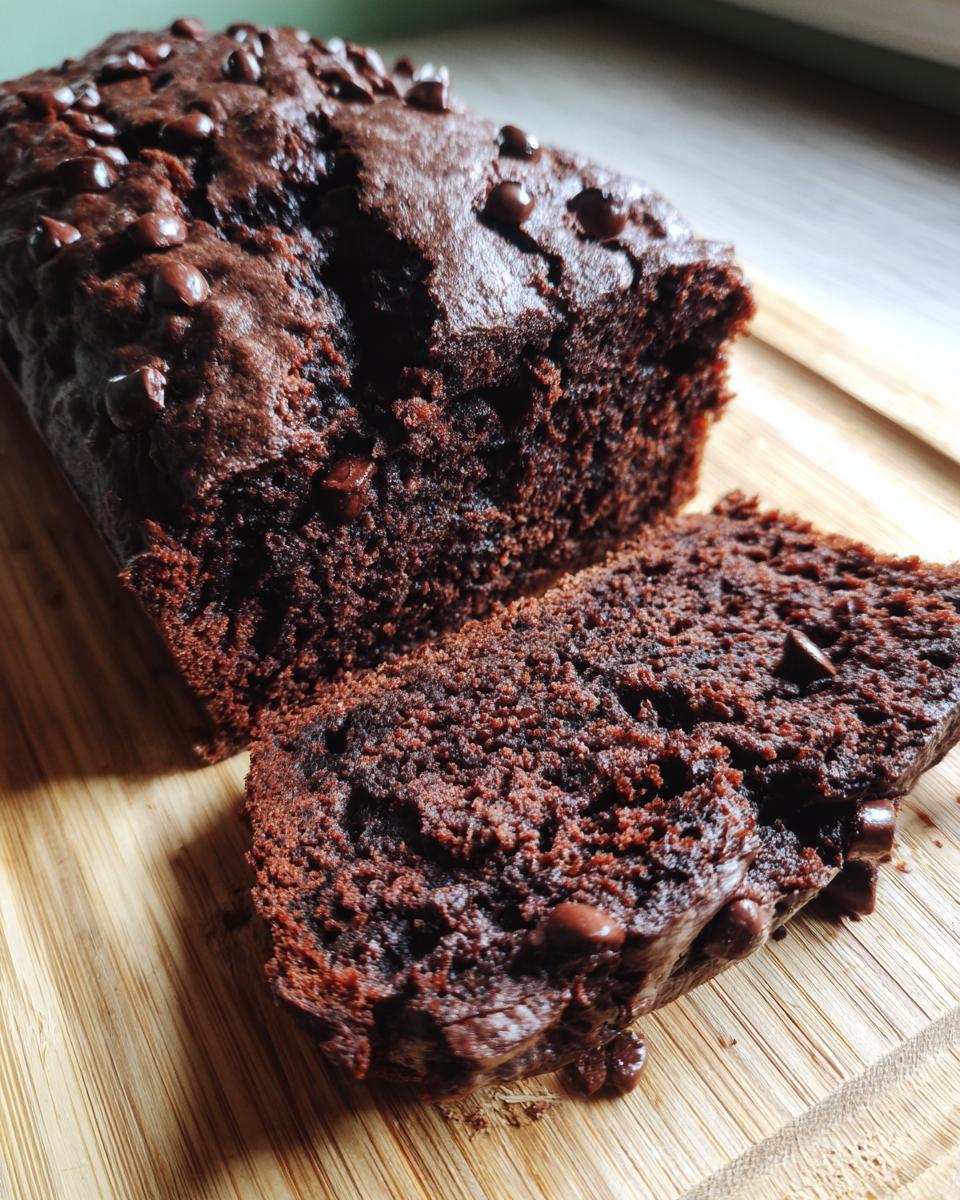 Close-up of a rich, dark chocolate banana bread loaf with a slice cut, topped with chocolate chips.
