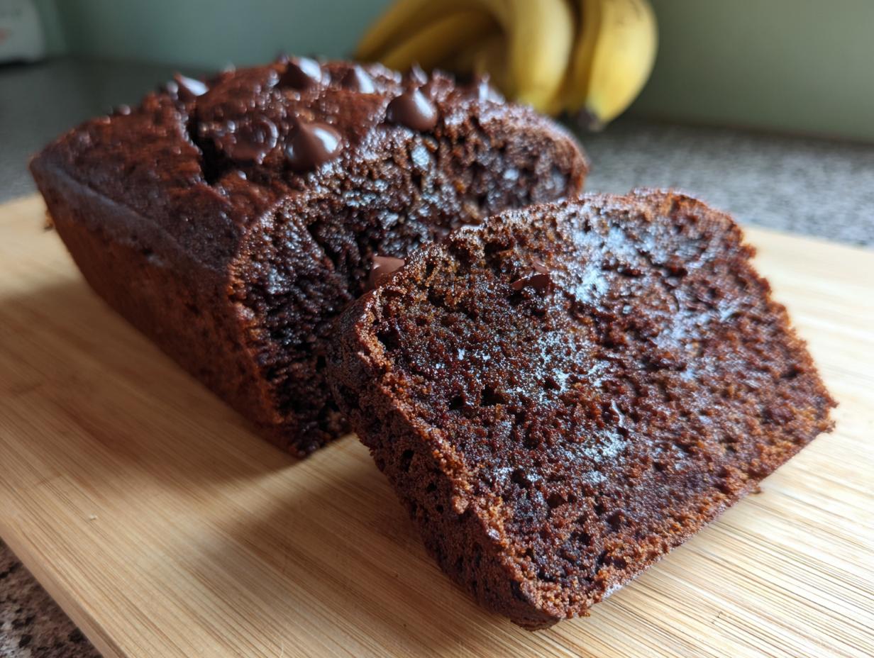 A slice cut from a loaf of moist chocolate banana bread topped with chocolate chips.