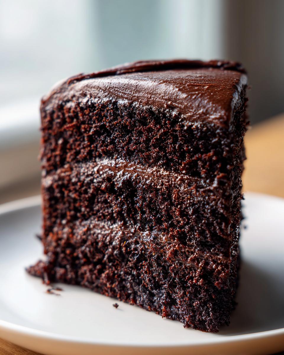 Close-up of a rich, dark slice of chocolate fudge cake layered with glossy chocolate frosting.