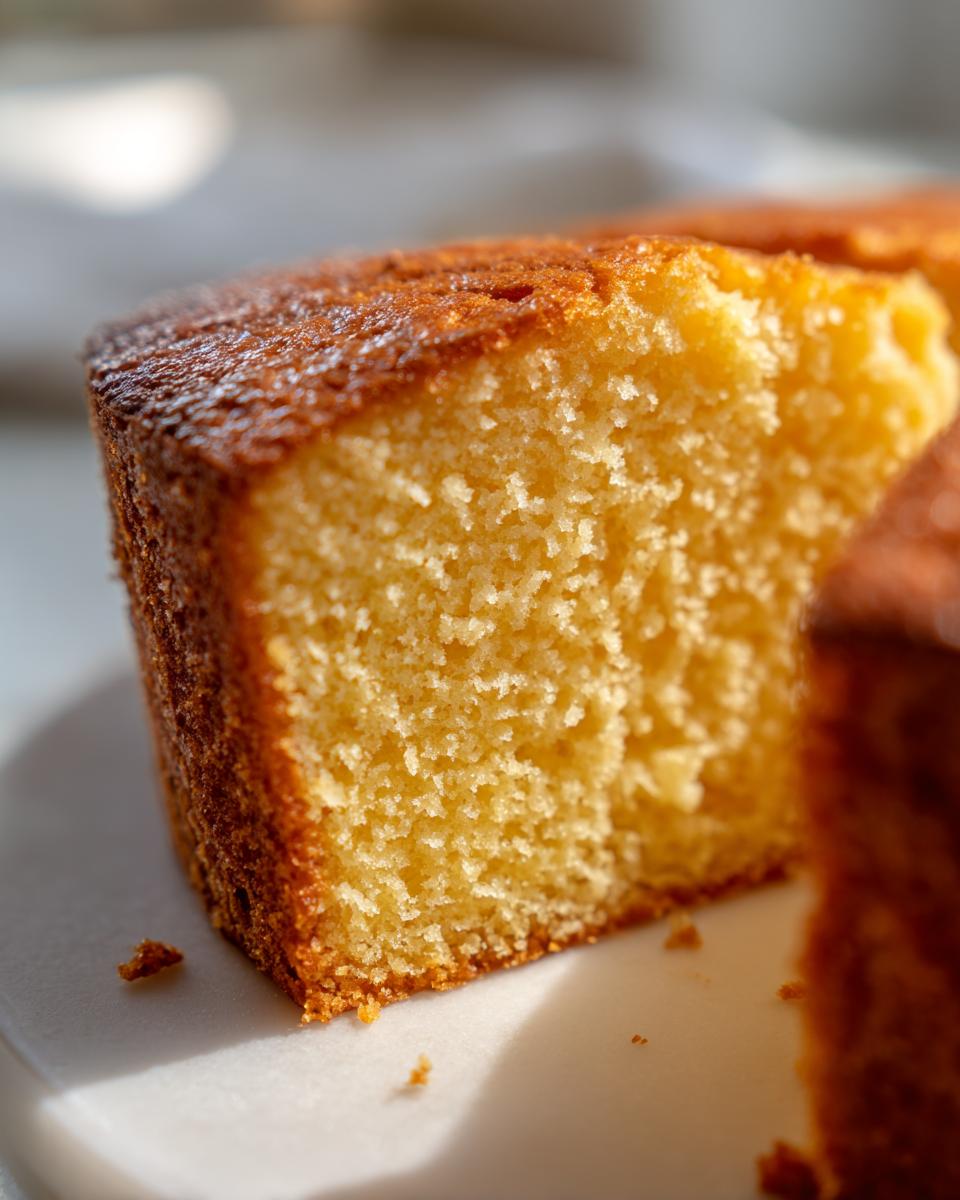 A close-up macro shot showing the moist, golden crumb texture of a slice of condensed milk cake.
