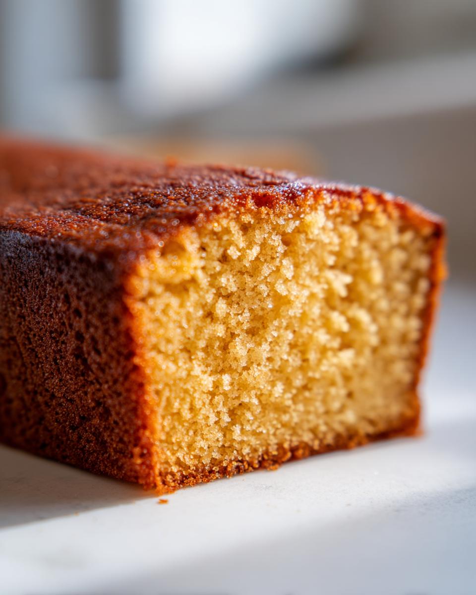 A close-up, macro shot showing the golden, moist crumb texture of a freshly baked condensed milk cake.