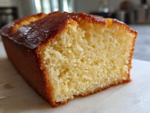 Close-up of a golden brown loaf showing the moist, yellow crumb of the condensed milk cake.