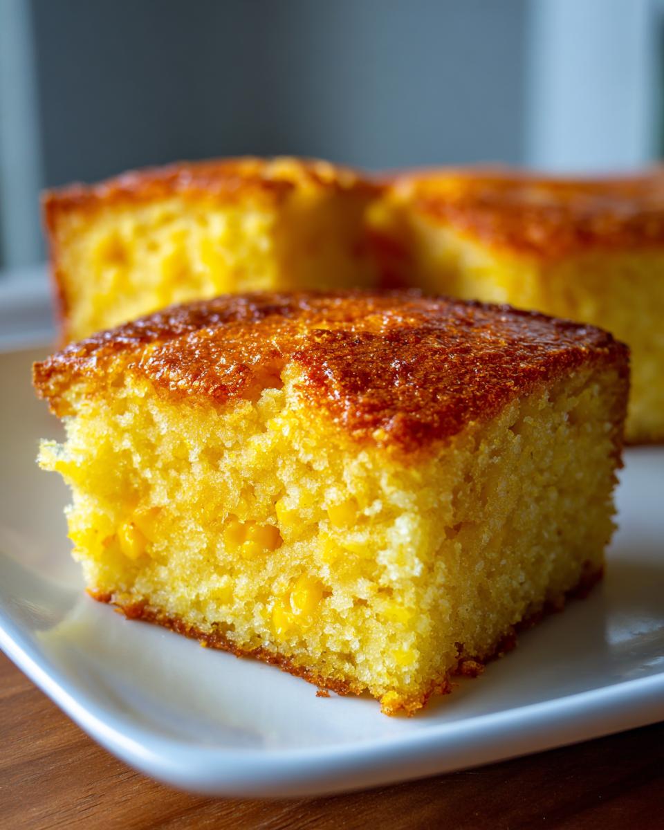 Close-up of a moist, square slice of yellow cornbread casserole featuring whole corn kernels.