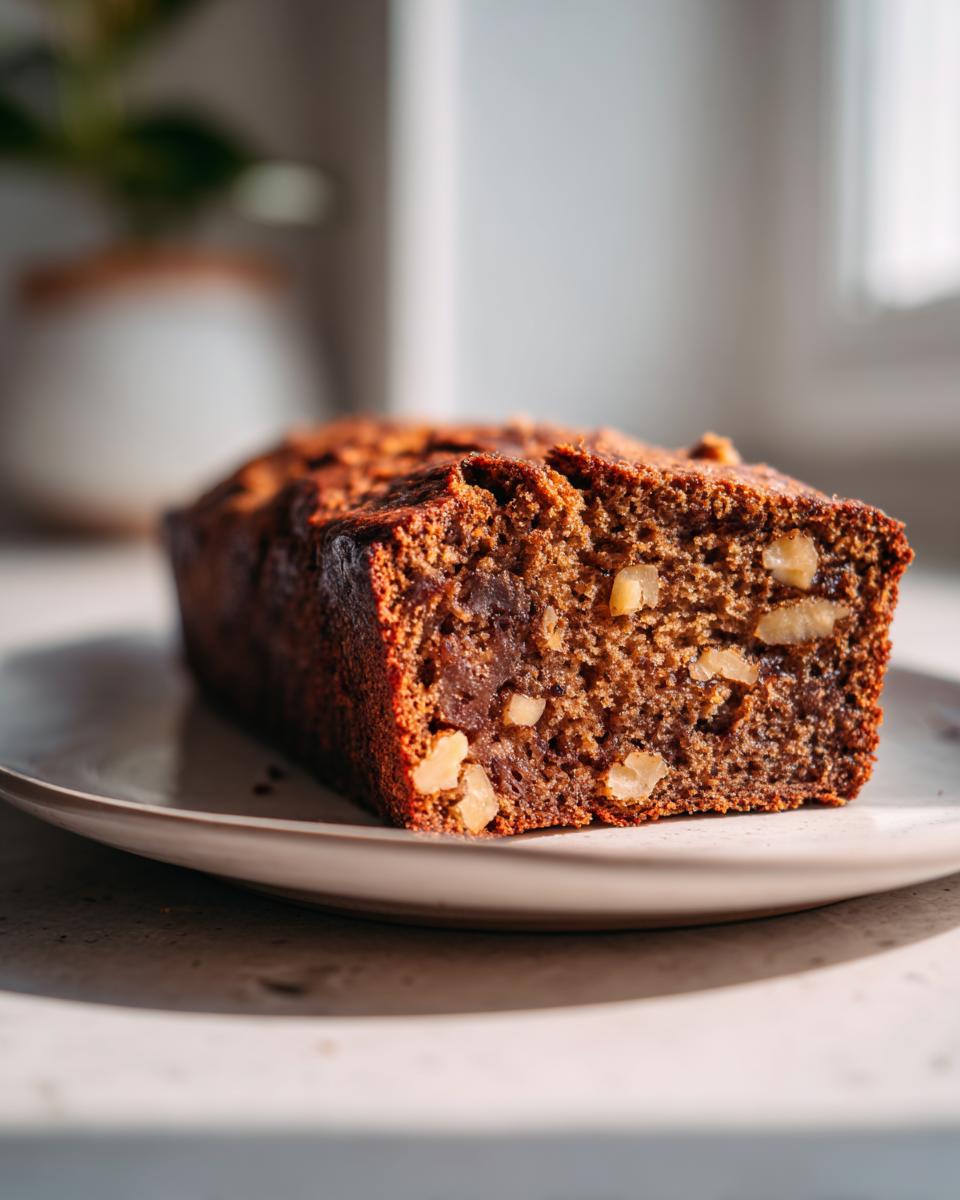 Close-up of a freshly baked slice of moist date nut bread showing visible chopped walnuts throughout the crumb.