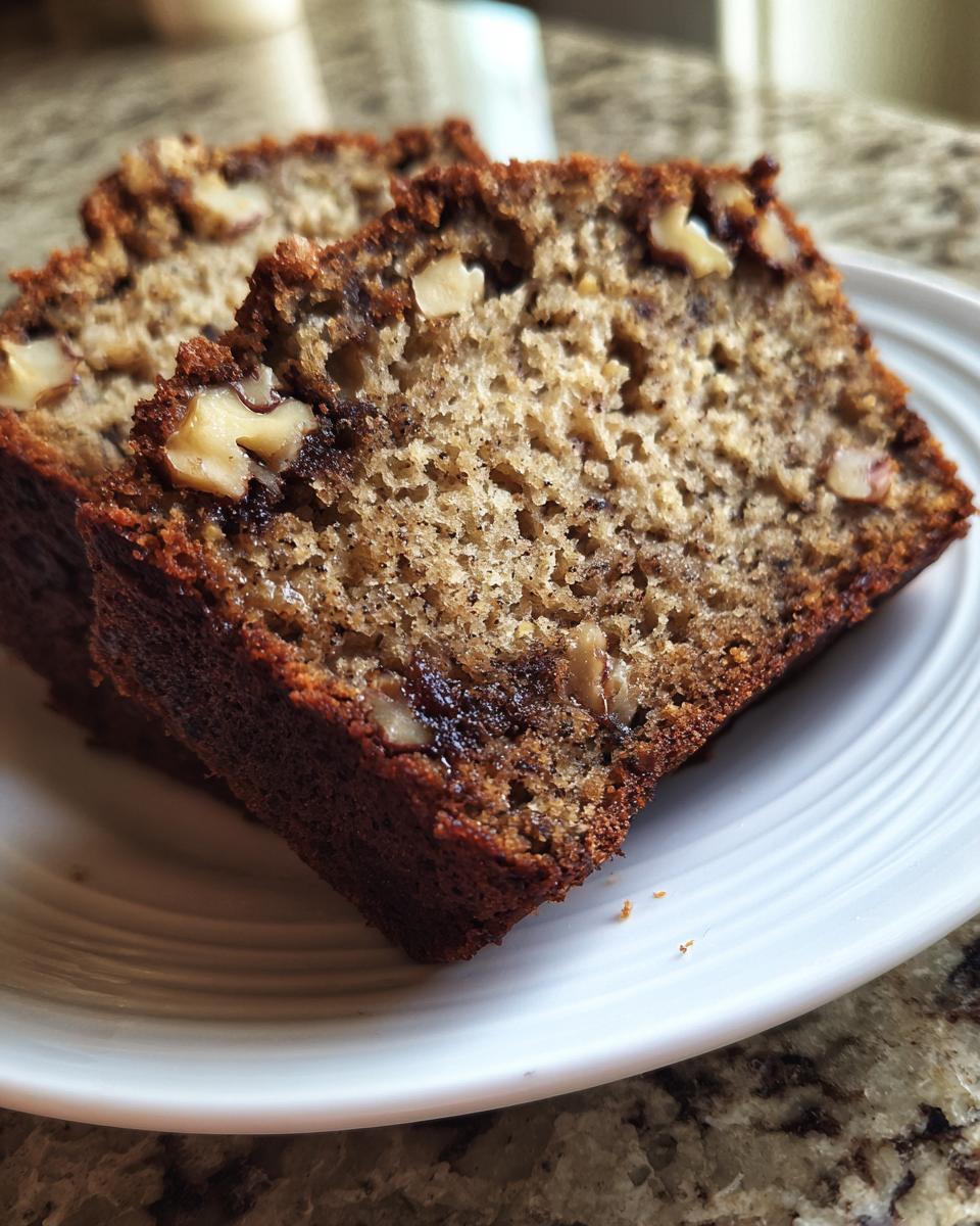 Two moist slices of date nut bread showing visible walnuts and a dark, caramelized crust.