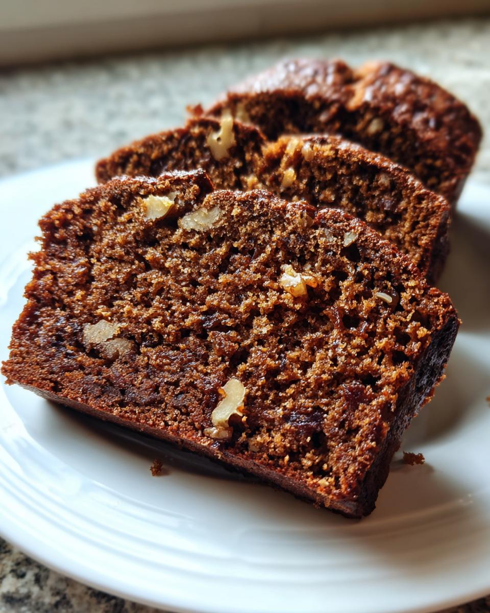 Close-up of three moist slices of dark date nut bread showing visible walnuts and rich texture.