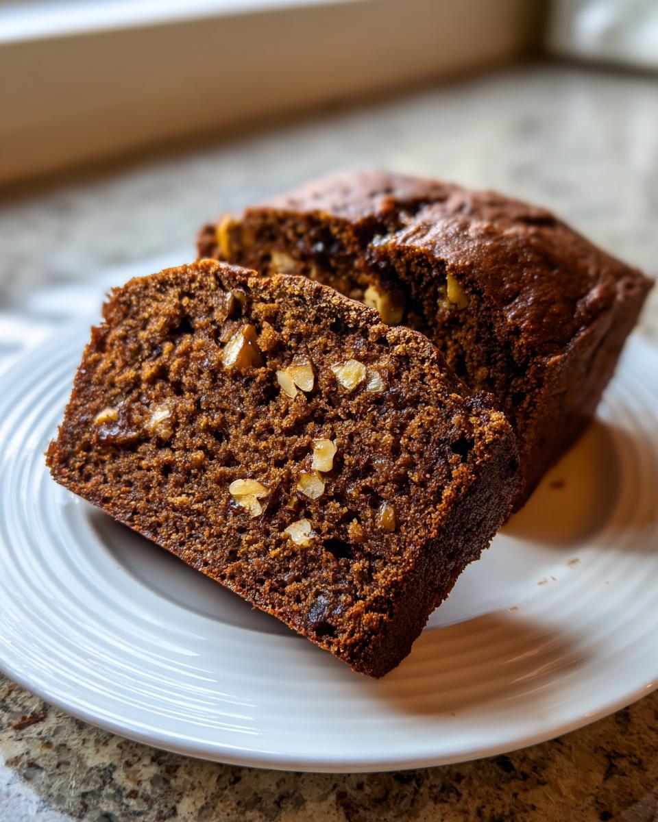 Two slices of moist, dark brown date nut bread studded with visible walnuts, served on a white plate.