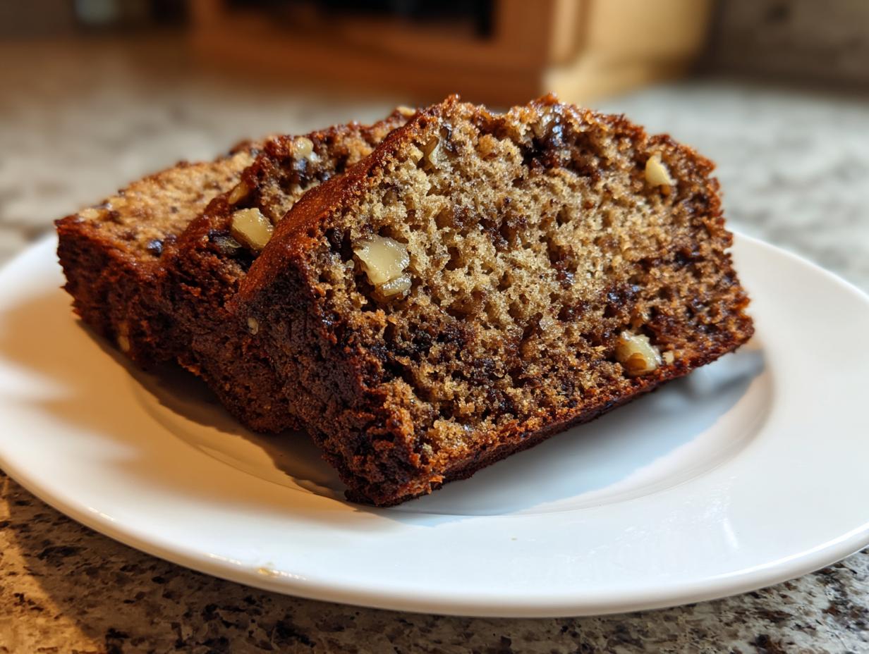 Three slices of moist date nut bread, rich brown in color with visible walnuts, served on a white plate.