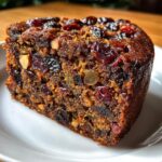 Close-up of a moist slice of fruit cake loaded with dried fruits and nuts on a white plate.