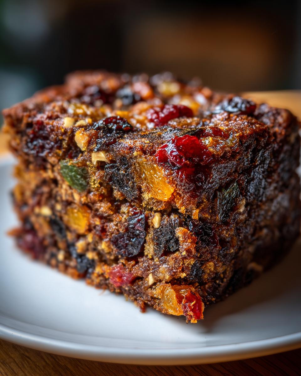 Close-up of a rich, moist slice of fruit cake packed with colorful dried fruits and nuts.