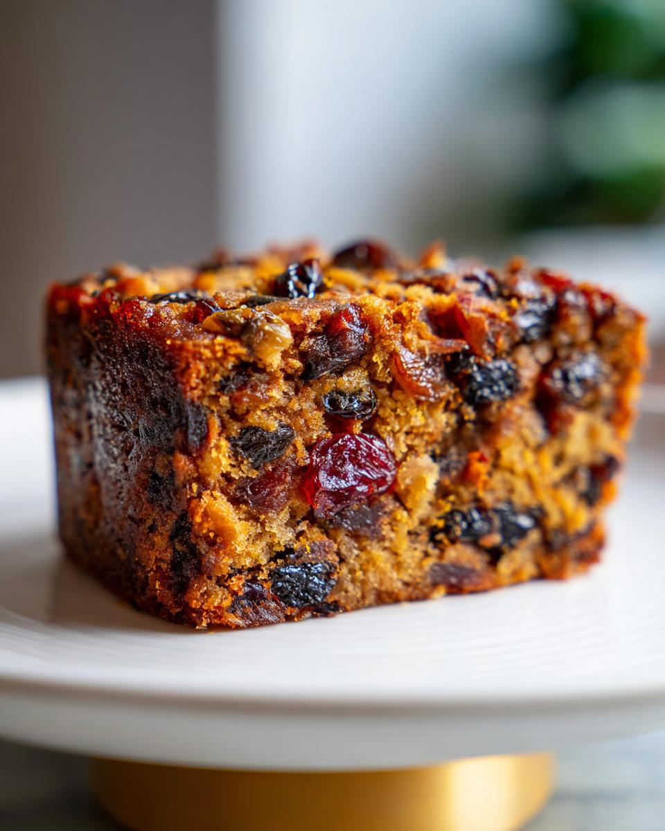 Close-up of a dense, moist slice of fruit cake packed with dried cherries and raisins, sitting on a white plate.