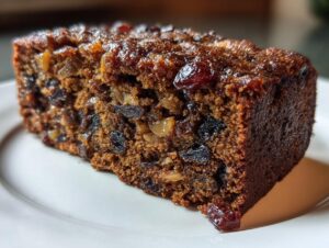 Close-up of a rich, dark slice of moist fruit cake loaded with dried fruits and nuts, sitting on a white plate.